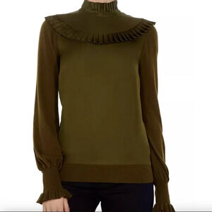 Ted Baker Taytiee Sweater Top Ruffle Frill Bib High Neck Silk Front Green US 6 8